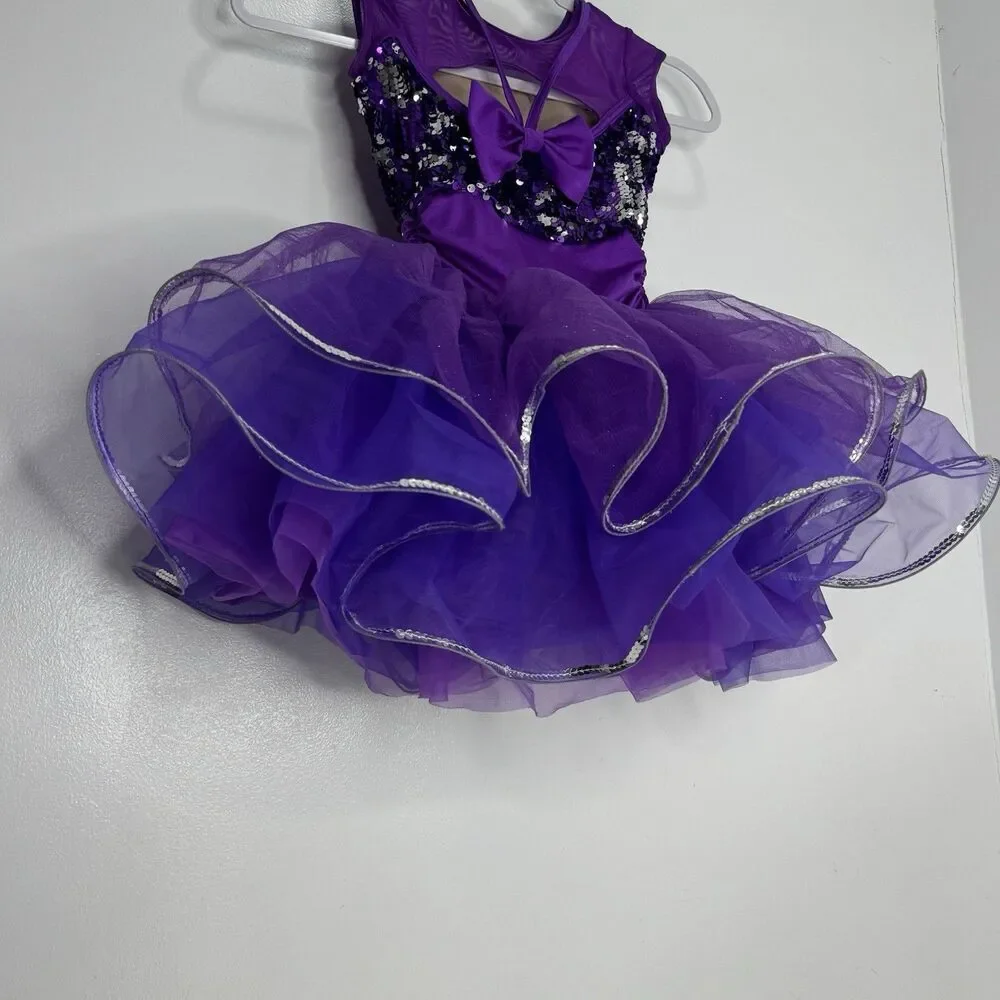 Weissman Dance Costume IC Sequins Jewel Curly Hem Tricot Skirt Bow Purple